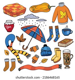 Set of autumn cozy elements and clothes. Pumpkin, leaves, umbrella, scarf, cup of tea, socks, plaid, hat, sweater, boots, mittens, jam, book, rainy cloud. Collection of doodle illustrations