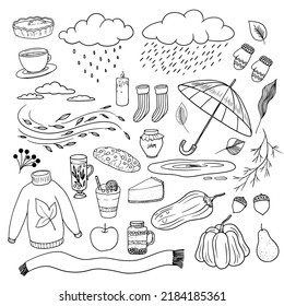 Set autumn cozy elements  Pumpkin  leaves  umbrella  scarf  cup tea  socks  sweater  mittens  clouds  rain  wind  puddle  leaves  acorn  desserts  Collection natural phenomena illustrations