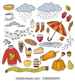 Set of autumn cozy elements. Pumpkin, leaves, umbrella, cakes, cup of tea, socks, sweater, mittens, clouds, rain, wind, puddle, leaves, acorn, desserts. Collection of natural phenomena illustrations