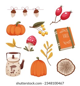 Set autumn cozy elements, stickers with foliage, forest decorations, acorn, mushroom, right rose hip berries, book and pumpkin in cartoon style isolated on white background. 