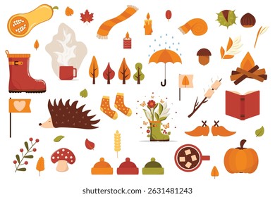 Set of Autumn Cozy Fall Season Elements Collection with Nature Objects and Leaves