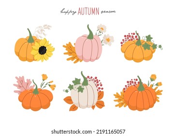 Conjunto de ilustraciones acogedoras de otoño con calabazas y hojas Aisladas sobre fondo blanco. Perfecto para el festival de la cosecha del otoño. Cartel de Acción de Gracias o pancarta. Ilustración vectorial.