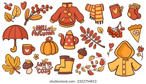 Set of autumn cozy objects. Autumn leaves, fruits, warm clothes and food. Rain protection items.