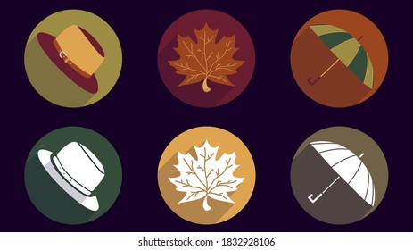 Set of autumn cozy round flat icons. Autumn casual hat, orange maple leaf, open umbrella. Flat illustration with shadow. White silhouettes with autumn symbols.