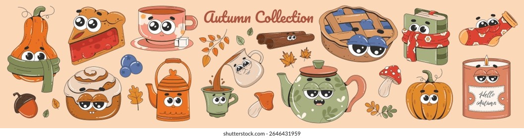 Conjunto de adesivos acolhedores de outono. Coleção groovy retrô. Folhas, abóboras, café, cogumelos, padaria, chaleira. Ilustrações vetoriais.