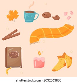 Set of autumn cozy thing in flat cartoon style. Cup of hot beverage, cookies, marshmallow, cinnamon, leaf of maple, aroma candle, warm scarf and socks, book. Stickers for autumn.