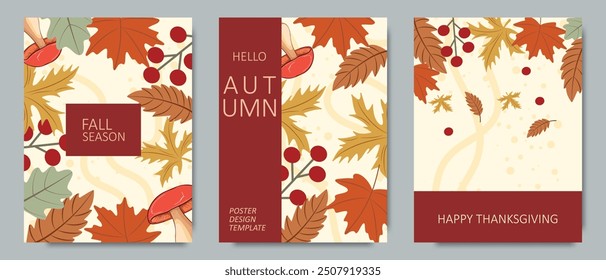 Set of autumn creative cards. Colorful banners with autumn fallen leaves and yellowed foliage. Use for event invitation, discount coupon, advertising.