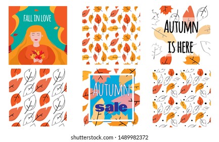 Set of autumn creative cards and patterns. Girl with leaves in park. Design for poster, banner, card, tag, placard, brochure, flyer, web. Templates for sale and advertisement. Vector illustration.