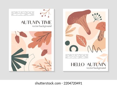 Set of autumn creative posters with organic various shapes,foliage,acorns,mushrooms and copy space for text.Modern seasonal designs.Universal artistic banners.Trendy fall vector illustrations.