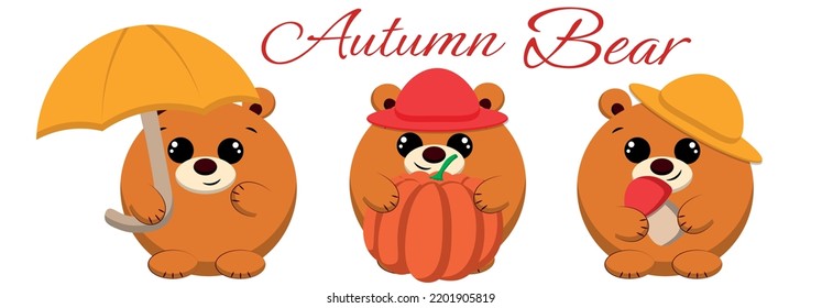 Set Autumn Cute Bear. Draw illustration in color