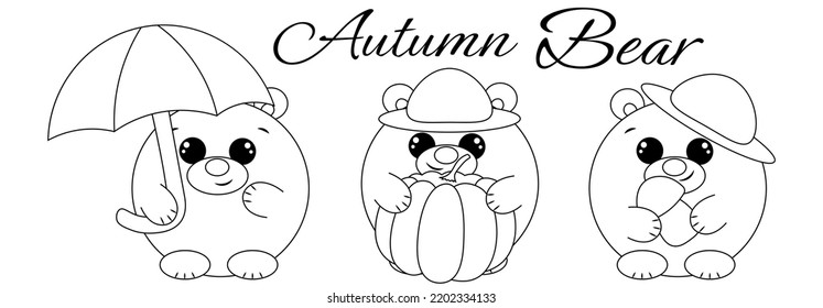 Set Autumn Cute Bear. Draw illustration in black and white