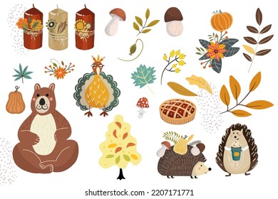 Set of autumn cute plants, animals, Thanksgiving attributes, flowers, leaves, twigs, pumpkins, maple leaf, sunflower, bear, hedgehogs, mushrooms, pumpkin pie, berries, turkey.