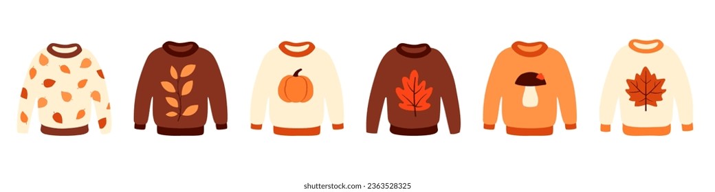 Set of autumn cute sweaters. Cozy pullover, jersey, warm clothes. Cartoon flat style. Isolated vector illustration 