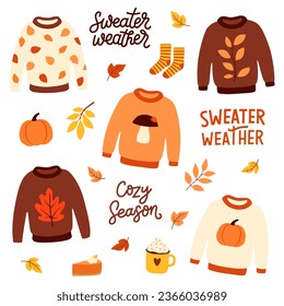 Set of autumn cute sweaters, leaves and lettering. Cozy pullover, jersey, warm clothes. Cartoon flat style. Isolated vector illustration 