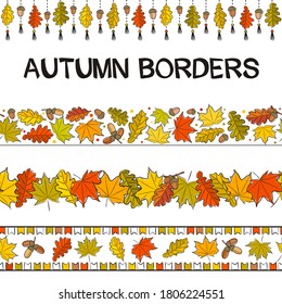 Set for autumn decoration. Seamless patterns for frames and borders. Hand drawn autumn leaves in doodle style. Vector elements for the design of Seasons cards, posters and banners.