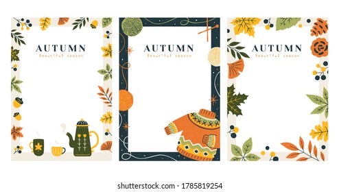 Set of autumn decorative borders in trendy hand drawn style, applicable to card, cover and invitation