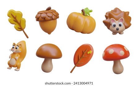 Set of autumn decorative elements for web design. 3D trees, acorn, pumpkin, hedgehog, squirrel, edible mushroom, fly agaric. Isolated vector characters and food on white background