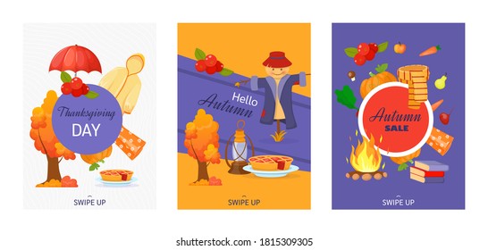 Set of autumn decorative posters for social media stories. Hello autumn, thanksgiving, autumn sale. Colorful banners, use for invitation, discount voucher, advertising, flyers. Cartoon illustration.