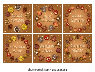 Set of autumn decorative wreaths cute cozy banners. Collection of fall festive poster. Fall harvest postcards