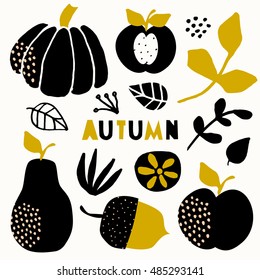 A set of autumn design elements isolated on cream background. Pumpkin, acorn, apple, pear, branches and leaves in black, green and orange.