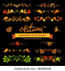 Set of autumn design elements. Vector vintage borders, page decorations and dividers. Isolated on black background. Oak, rowan, maple, chestnut, aspen, elm leaves and acorns. Swirls and flourishes.