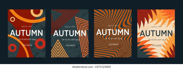 Set Autumn Design with Graphic Memphis Element. Modern Abstract Background Patterns in Retro Style for Advertising, Web, Social Media, Poster, Banner, Cover. Special Offer 50%. Vector Illustration