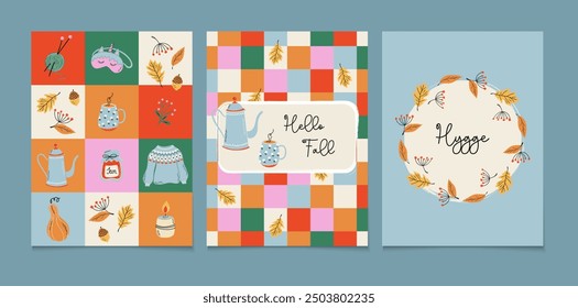 Conjunto de estampados de diseño de otoño. Tarjetas temáticas de otoño lindo, carteles, cubiertas. Coloridas composiciones de estilo Hygge. Ilustraciones vectoriales dibujadas a mano.