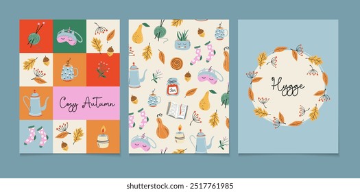 Conjunto de impressões de design de outono. Cartões-postais, pôsteres, capas de tema de Queda Fofa. Composições coloridas em estilo Hygge. Ilustrações de vetor desenhadas à mão.
