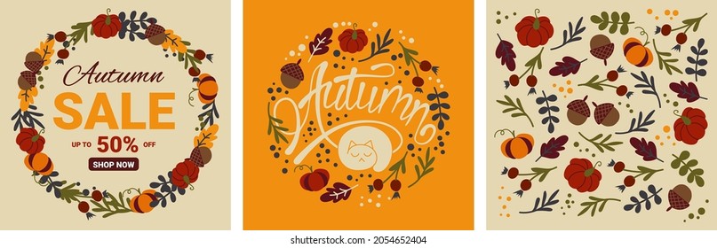 Set von Herbstdesigns mit fallenden Blättern, Kürbissen und Schriften. Vektorgrafik mit speziellen Typografie-Elementen für Coupon, Gutschein, Banner, Flyer, Poster oder Postkarte.