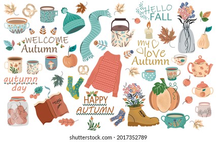 
Set autumn different items in flat style. Vector illustration.