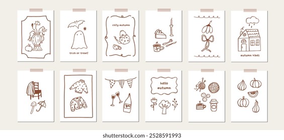 Set of autumn doodle cards design. Cute ghost, fall elements poster template background. Fall sketch hand drawn greeting card. Autumn line art elements holiday invitation. Vector outline illustration