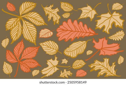 Conjunto de hojas de colores de doodle de otoño. Dibujado a mano colección aislada de Vector. Esquema. Caída de las hojas. Boceto, Elementos de diseño.