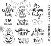 Set of autumn doodles and hand drawn lettering. Vector illustration isolated on white. Coffee time, warm hugs, sweater weather, I love autumn, happy Halloween. 