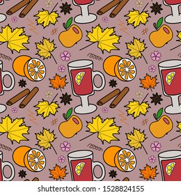 Set of autumn doodles on a lilac background, seamless pattern