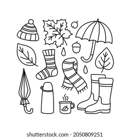 A set autumn drawings  Contour image an umbrella  fallen maple leaves  thermos  boot  hat  scarf  sock  black drawing objects for stickers  decor  postcards  Vector fall clipart