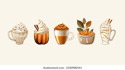 Un conjunto de bebidas y postres otoñales. Se puede usar para publicitar cafés o restaurantes con temática otoñal, creando materiales promocionales para menús de temporada. Ilustración vectorial.