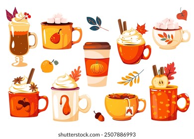 Conjunto de bebidas de otoño. Chocolate caliente con crema batida, café con leche, té, cacao con malvaviscos. Bebidas calientes de otoño. Ilustración vectorial.