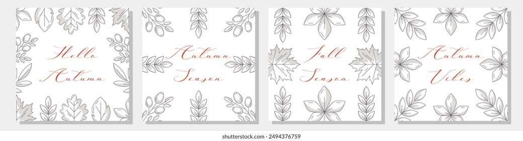 Conjunto de postales monocromas elegantes de otoño. Tarjeta cuadrada, Anuncio de otoño con arce, roble, castaño, rowán, hojas de álamo, marco de borde de rosa mosqueta. Colección para póster, redes sociales, invitación, boda