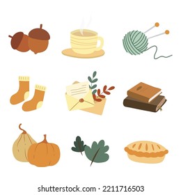 El conjunto de ilustraciones vectoriales de elementos otoñales incluye castañas, taza de café, hilo de punto, medias, letras, libros, calabazas, hojas y tarta.