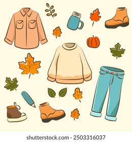 Set of autumn elements accessories with a hat clothes for clipart, elements, sticker