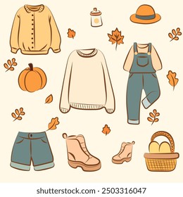 Set of autumn elements accessories with a hat clothes for clipart, elements, sticker