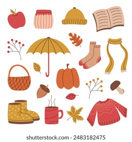 Set of autumn elements. Acorn, mushroom, pumpkin, leaves, clothes, umbrella. Vector illustration.