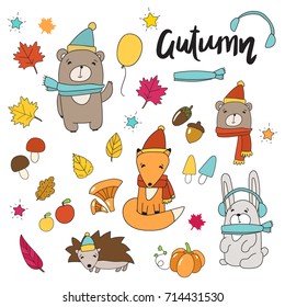 Set of autumn elements and animals: bear, fox, rabbit, hedgehog,leaves, mushrooms