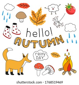 Set of autumn elements. Boots, leaves, fox, bonfire, mushrooms, rain.