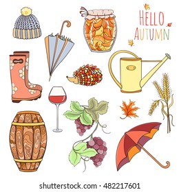 Set of autumn elements can be used for can be used for cards, invitation or website. Design elements of rubber boots, hat, grapes, vine glass, wine cask, jam, watering can, umbrella, jam, spikelets