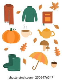 Conjunto de Elementos de otoño, colección de dibujos animados de otoño, comida y plantas de la temporada de otoño, otoño acogedor, hola otoño 