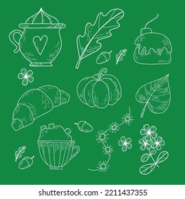 Set von Herbstelementen im Chalkboard-Stil. Kürbis, Kakao mit Marshmallows, Herbstblätter, getrocknete Blumen, Croissant, Akkorde und andere Herbstdetails. Weiße Umrisse auf grünem Hintergrund, Vektorgrafik
