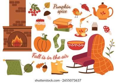 Set of autumn elements. colored icons in flat style on autumn theme, ideal for stickers, web design