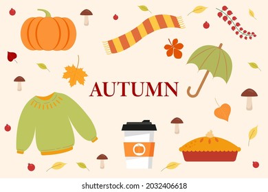 Conjunto de elementos de otoño. un otoño acogedor. Suéter, bufanda, paraguas, café y hojas. Gráficos vectoriales
