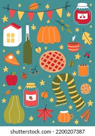 Set autumn elements. Cozy warm fall. Cute cottagecore symbols.